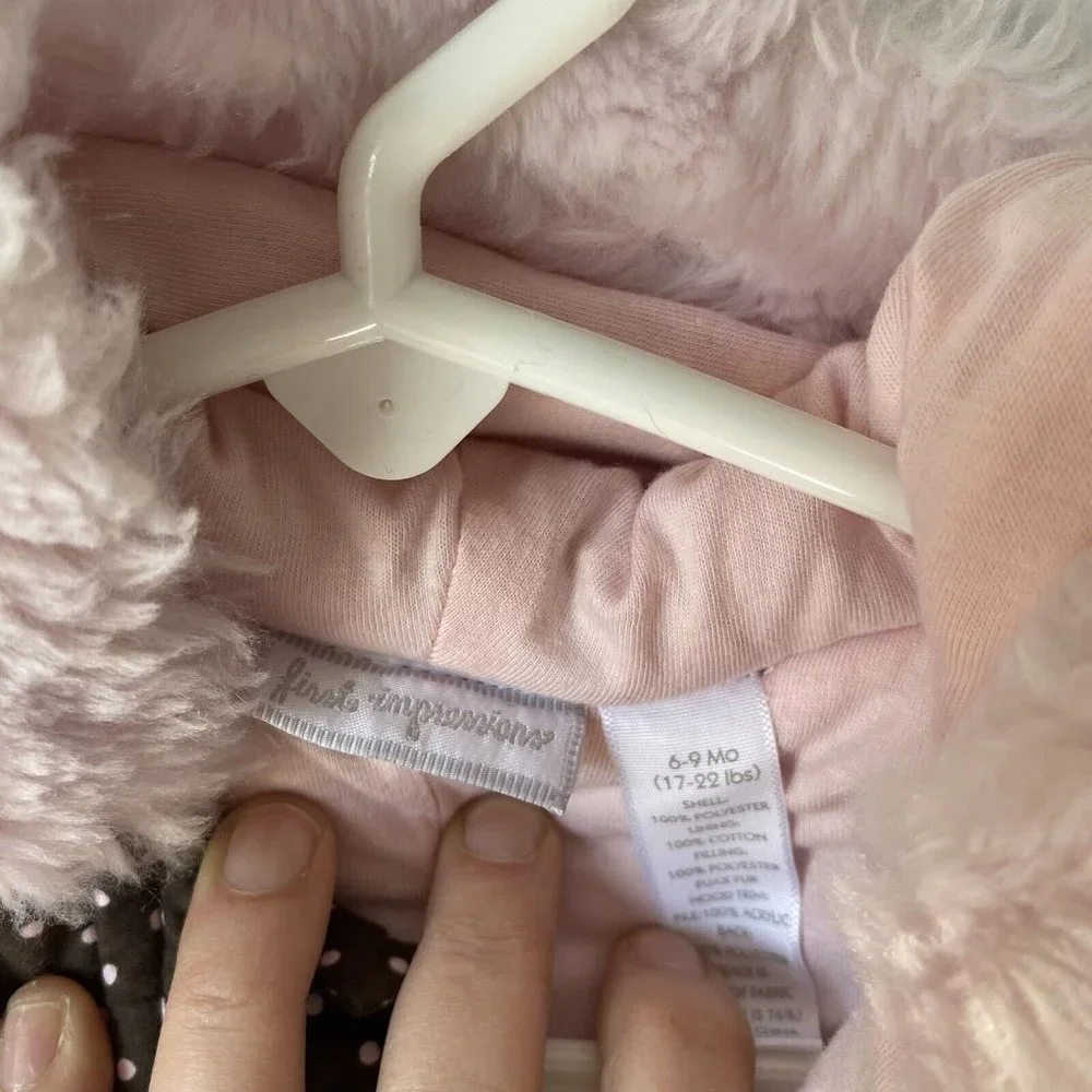 First Impressions‎ one piece polka dot snowsuit hooded fauxfur pink/brown 6-9m